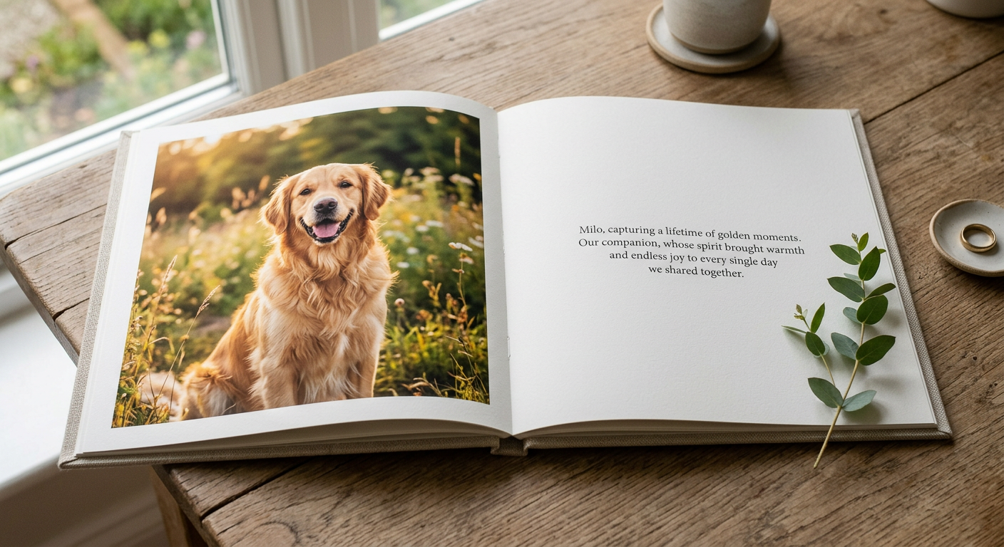 A linen-bound memorial book titled Charlie, open to a page of photos and memories